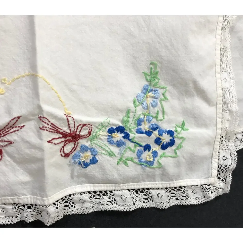 Vintage Small Table Runner with Bows and Flowers, Lace Edges 34” x 14” size